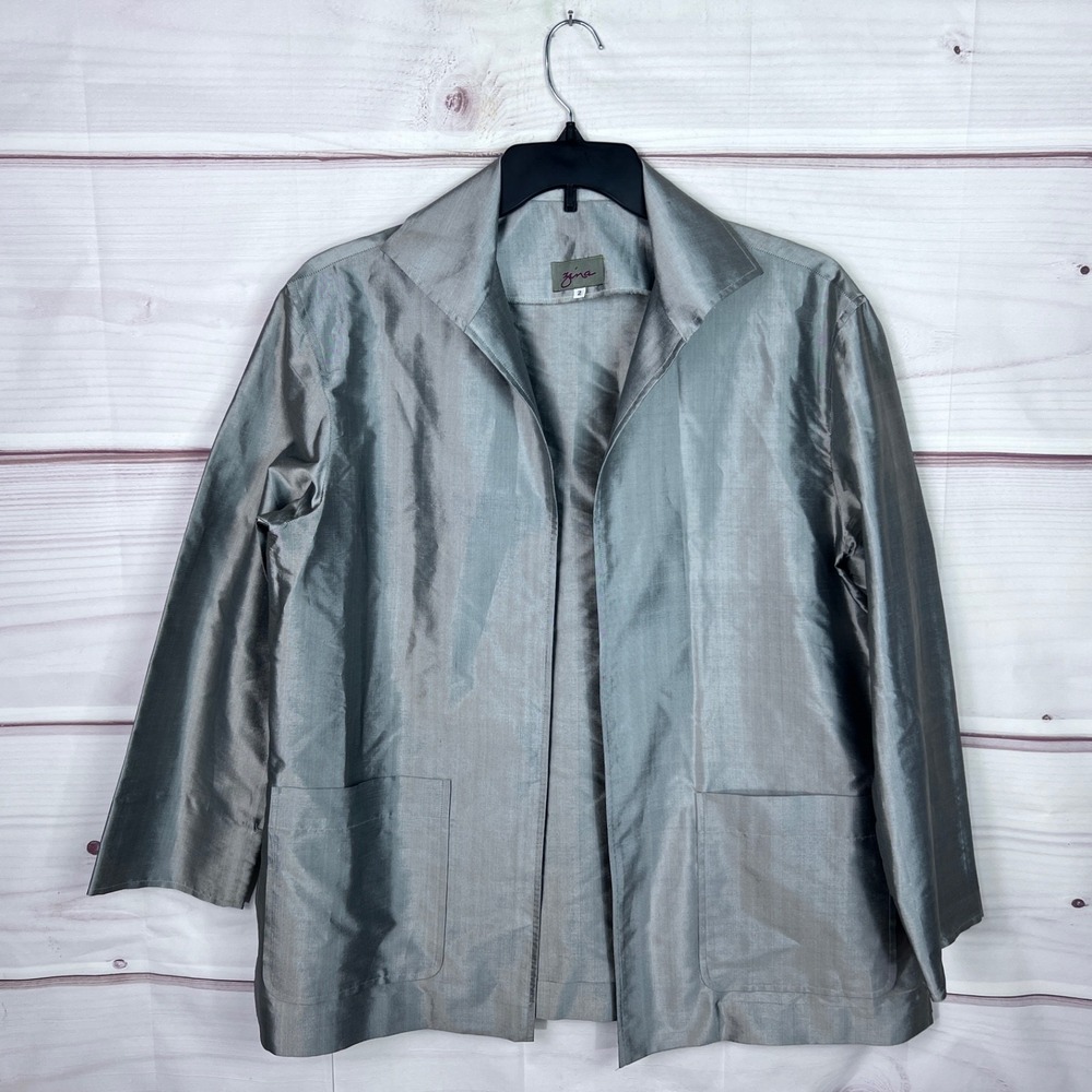 Zina Jacket  Womens 2 M L Silver Thai Silk Collar Open Front Pockets Relaxed Fit